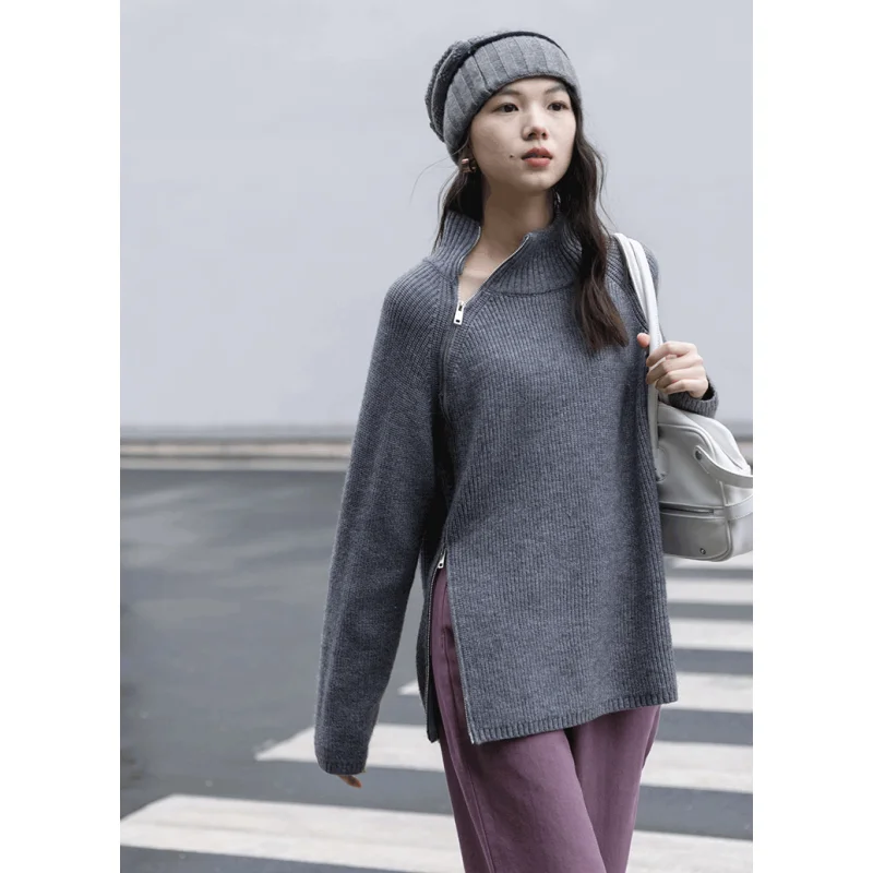 Women's Clothes Beige Sweater Zipper Fashion Vintage Lazy Wind Winter Female Knitting Long Sleeves High Collar Pullover Tops