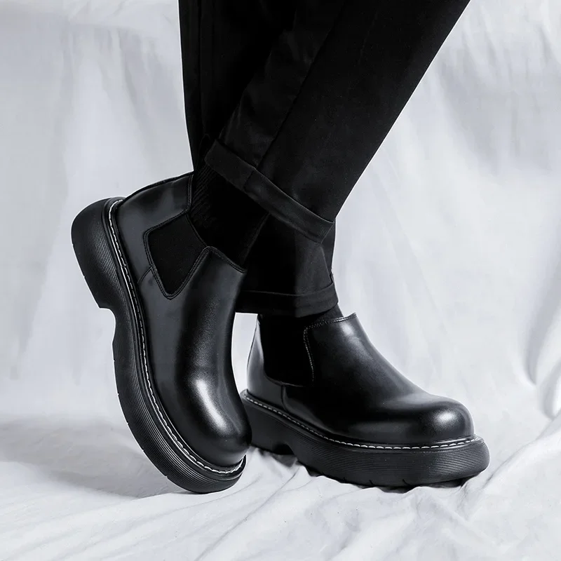 2024 Men\'s Japan Karajuku Korean Style Fashion Streetwear Thick Platform Casual Black Leather Shoes Slip On Dress Leather Shoes