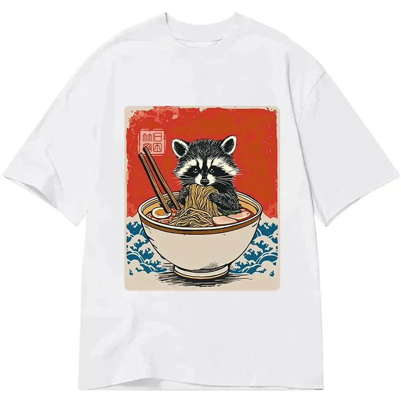 Raccoon Eating Ramen Japanese Art T-Shirt Men Women Cute Ukiyo-E Style Print Oversized Casual Streetwear Short Sleeve Tee Tops