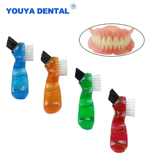 Mini cepillo de limpieza para dentadura, cerdas de cepillo de dientes y mango de goma ergonómico, cepillo de dientes postizos portátil, herramientas de limpieza bucal