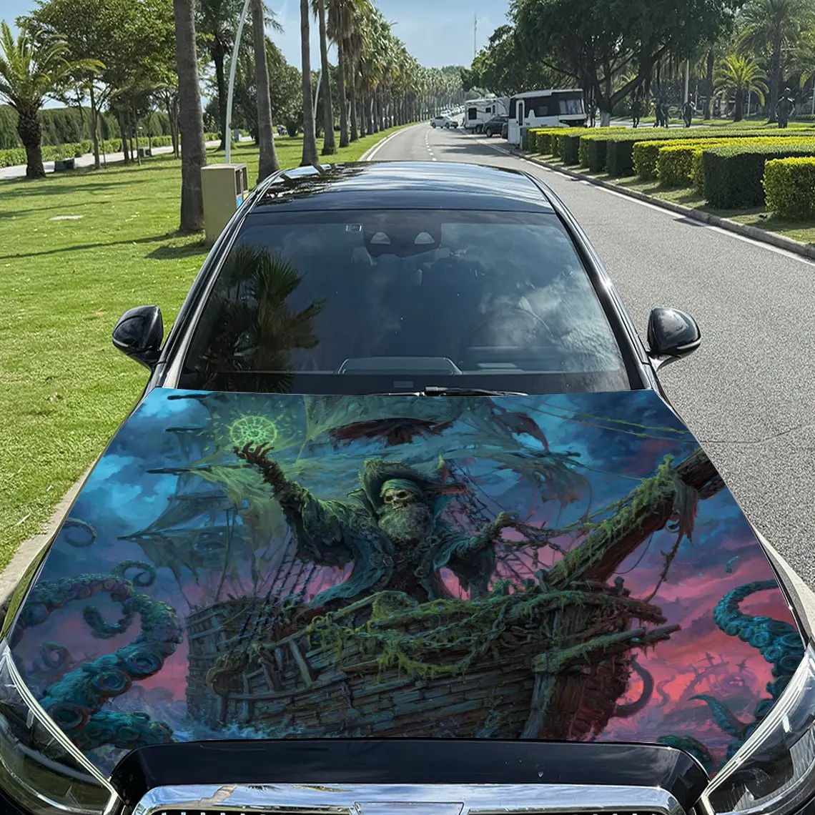 

A Ghost Ship Entangled with Tentacles Car Vinyl Wrap, PVC Material Waterproof Car Hood Sticker, Self-Adhesive Scratch-Resistant