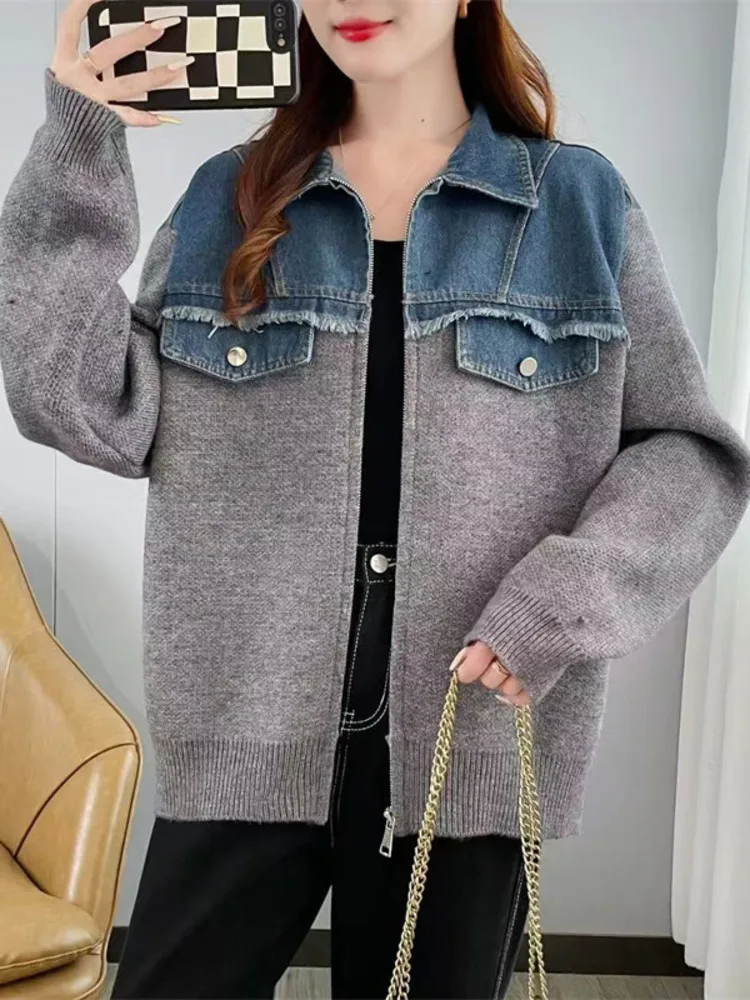 [EWQ] Korea Chic Knitted Cardigan Coats Denim Pocket Knitted Patchwork Design Women\'s Sweater Jacket Autumn Winter 2024 16O1344