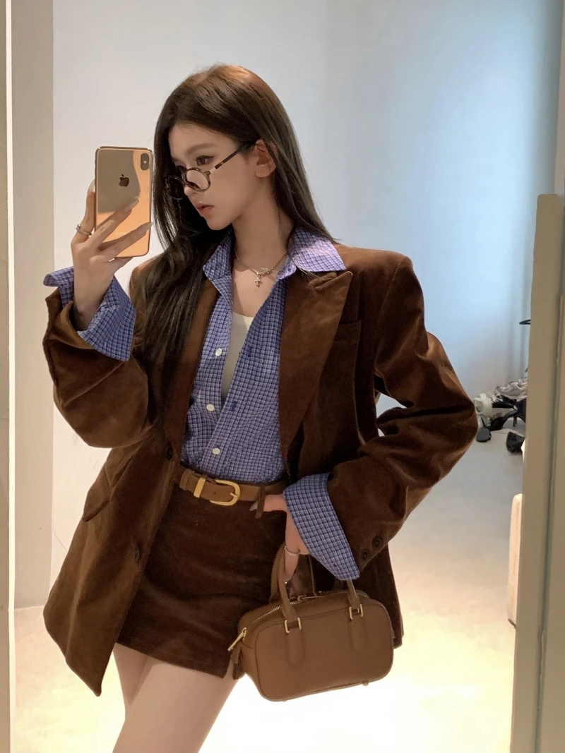 UNXX Real Shot Real Price Corduroy Suit Jacket High-end Feel Casual Loose Retro Brown Suit Set women female office lady clothing