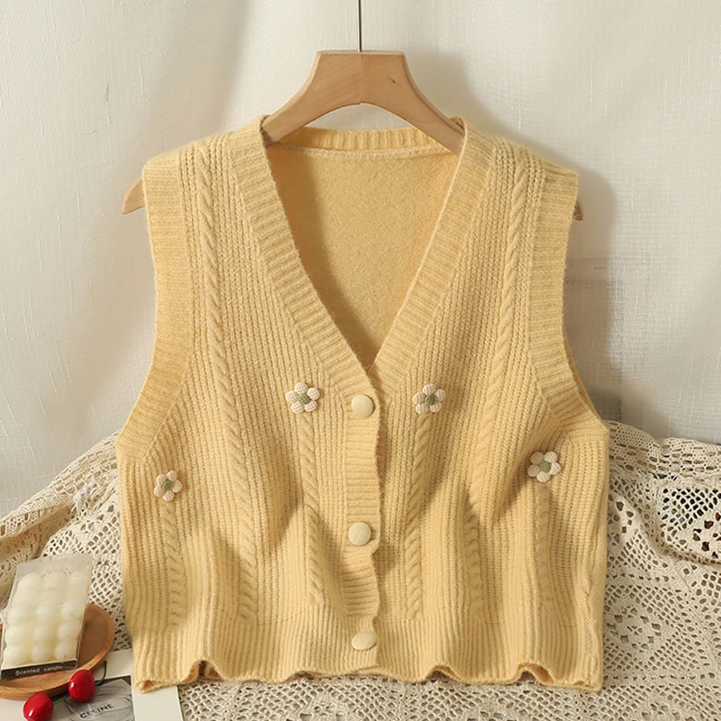 HELIAR Women Flower Knitted Sweet Sweater Vest V-neck Buttons Up Cardigan Sleeveless Office Knitted Vest Casual Top Fall Winter