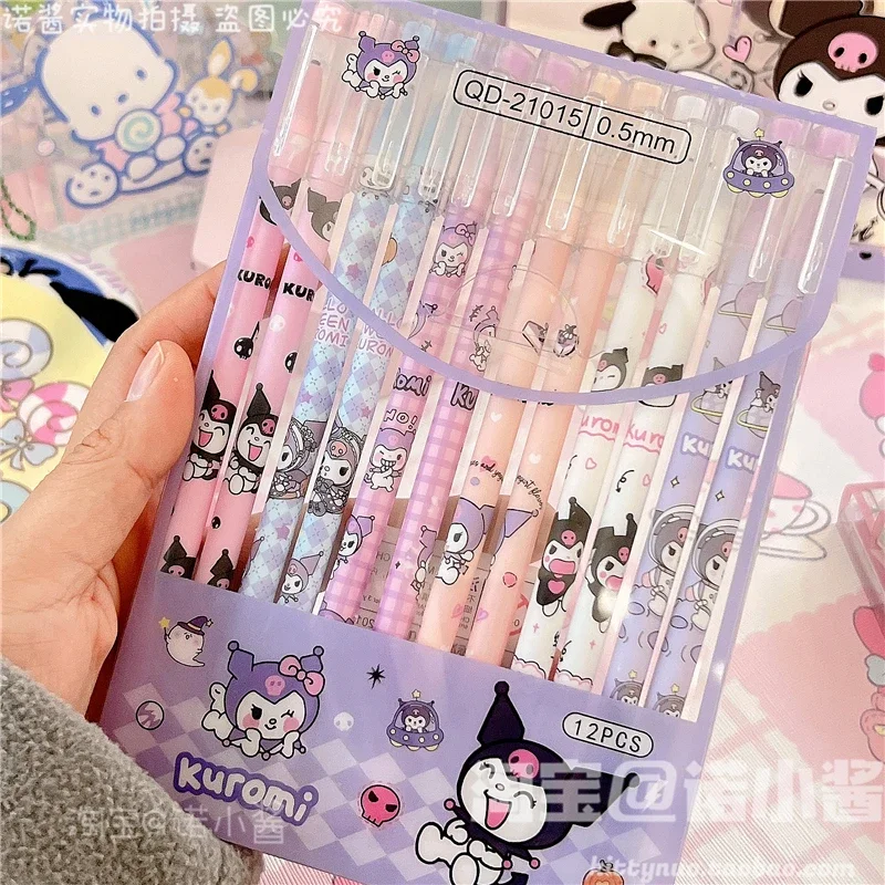 Sanrios – stylo Gel noir Kawaii Kuromi My Melody cannelle, 0.5Mm, en boîte, dessin animé, mignon étudiant, stylo d'écriture, cadeau d'anniversaire, 12 pièces