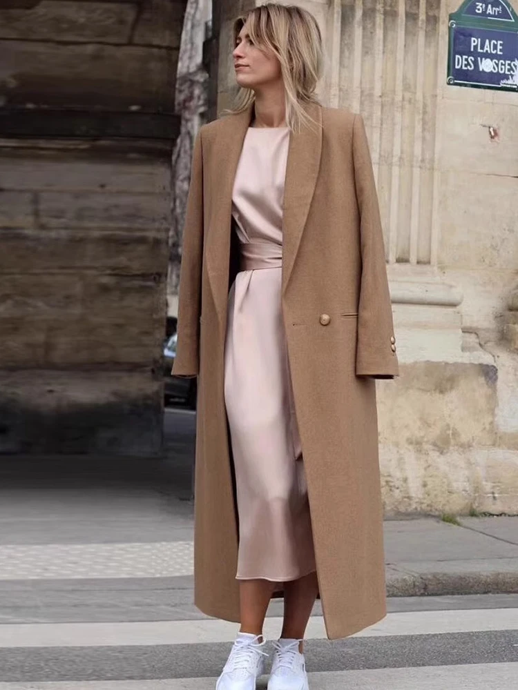 

Winter New Style Women's Camel Woolen Coat Long Over-Knee One Button Large Collar Slim Fit Outerwear OL Style Commute Fashion