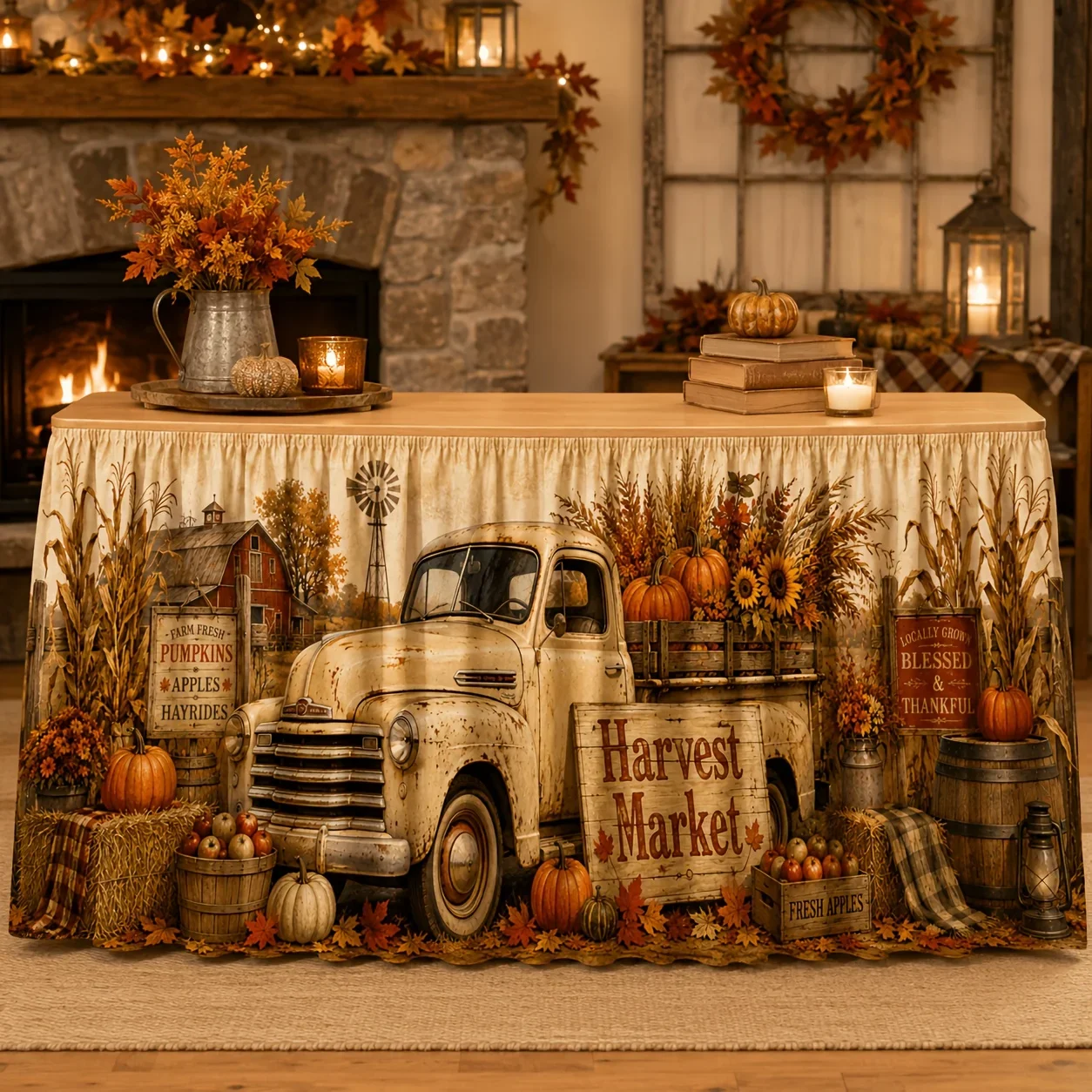 Tablecloth, Harvest Market, Vintage Truck, Pumpkin and Sunflower, Maple Leaf, Farm Barn, Autumn, Thanksgiving Dayxzj