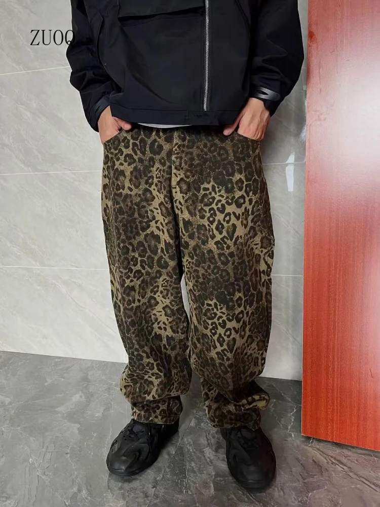 New 2025 Leopard Jeans Men Oversize Wide Leg Denim Pant Man Streetwear Hip Hop Vintage Loose Casual Animal Print Trousers