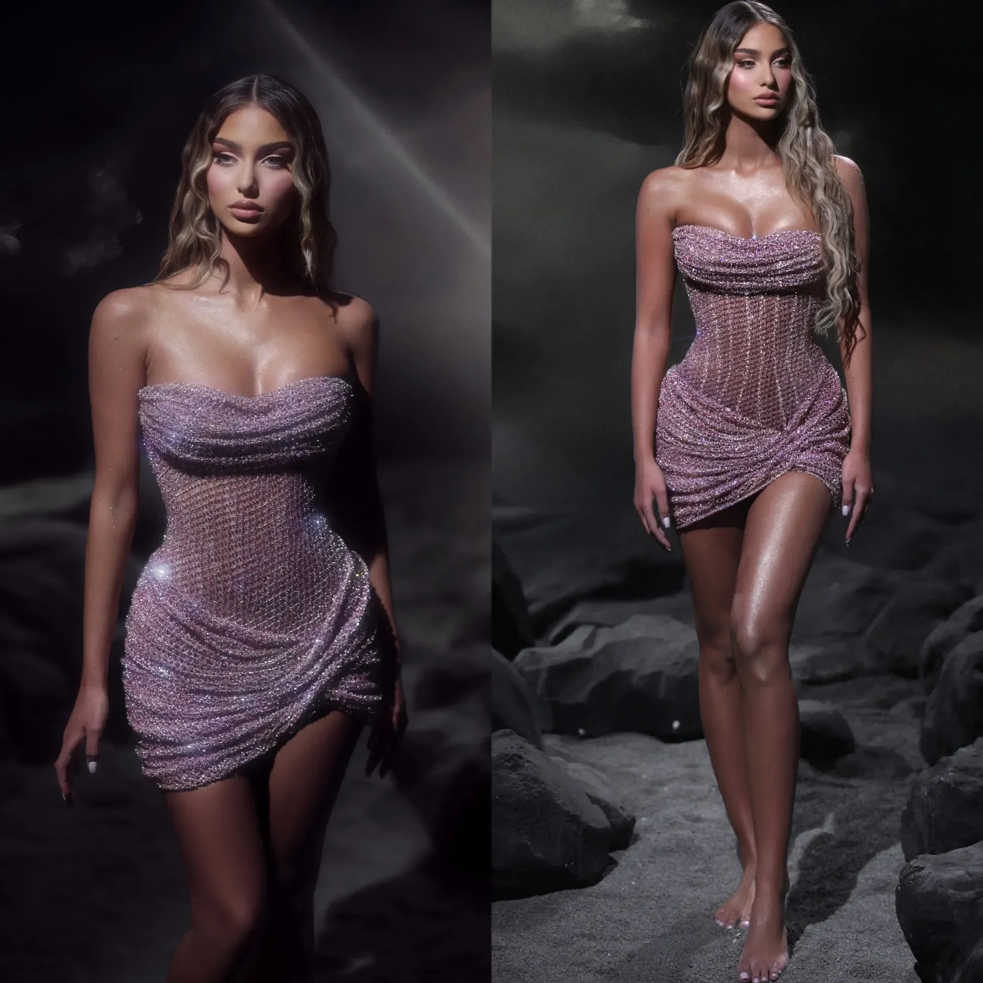 

Customized Mini Short Sparkling Lace Glitter Evening Dress High Waist Bareback Short Ball Dress Knee Above Wrinkle Party Dress