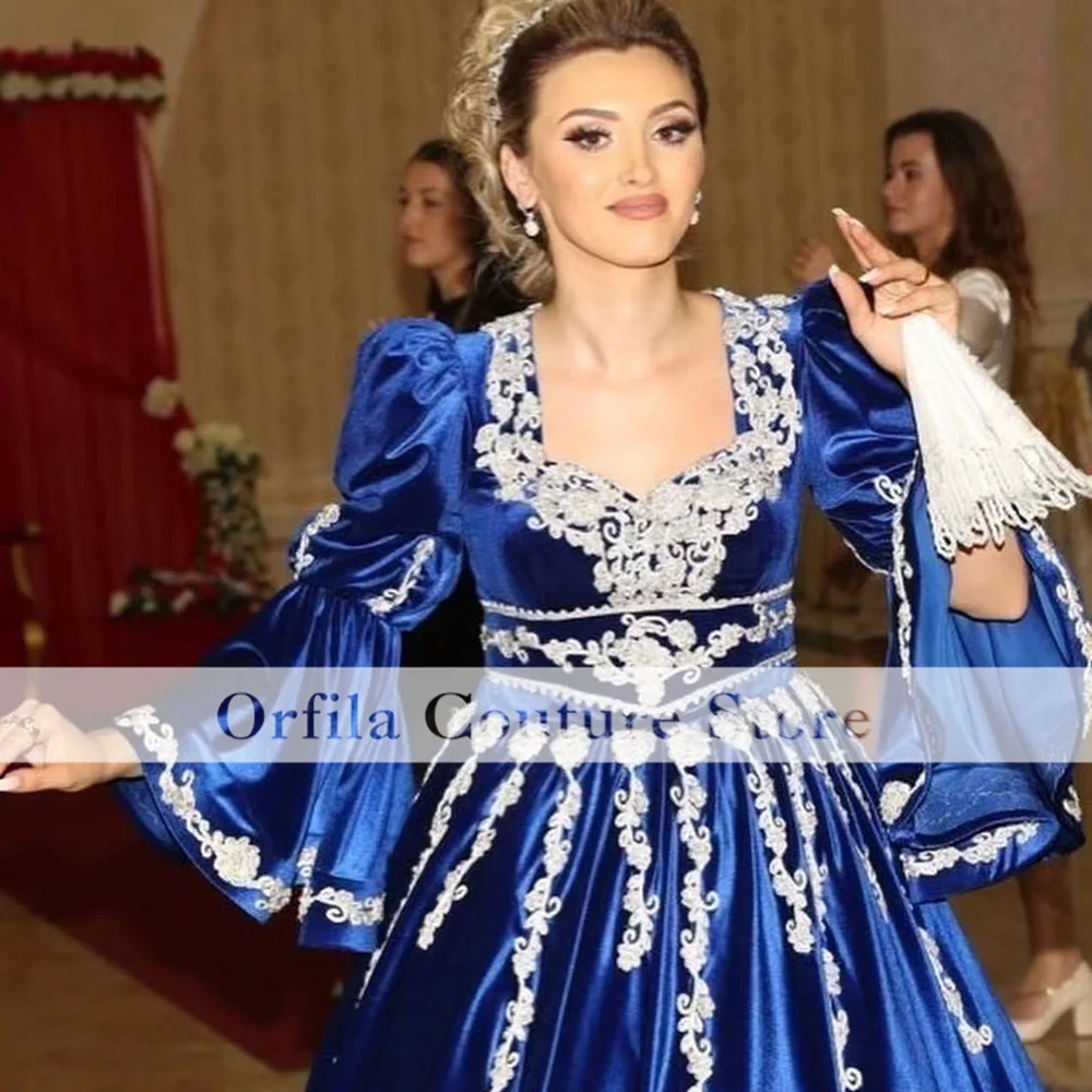 Traditionellen Kosovo Blau Abendkleider Für Frauen Party Kleider Lange Ärmeln Appliqued Prom Kleid Vestidos De La Celebridad