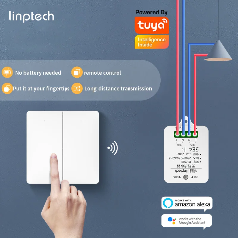 

Автономный беспроводной переключатель Linptech Tuya 16 А, без подключения, без аккумулятора, без Wi-Fi, работает с приемником, водонепроницаемость ip67