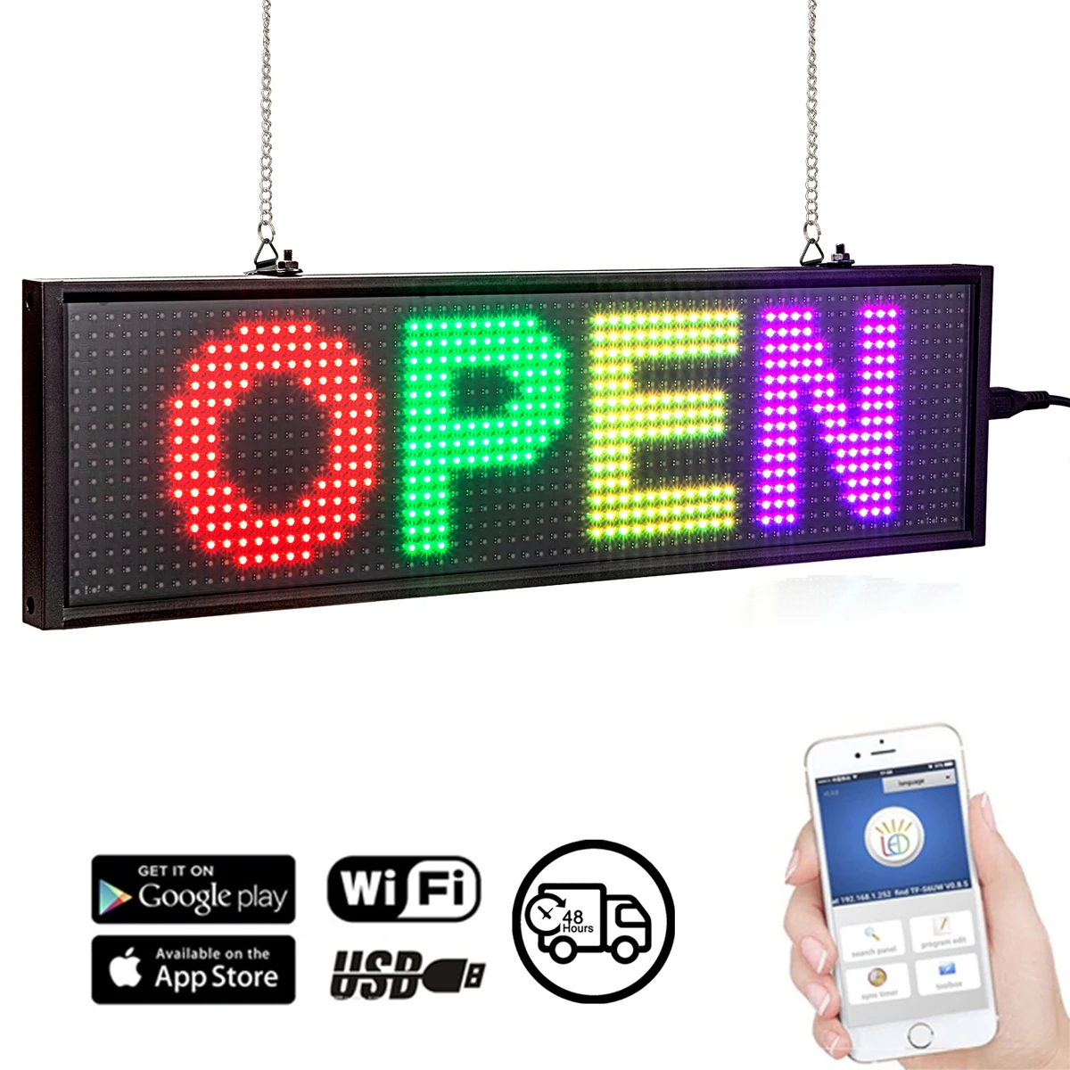 110-220v Led Sign Open Programmable Message Board Scrolling Color Advertising Wireless Sign 34cm, 1024 Matrix Dots Clear Display