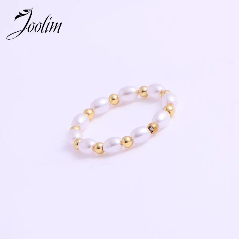 Joolim Jewelry High End PVD Tarnsih Free Elegant Luxury Freshwater Small Beads Joint Stainless Steel Finger Ring for Women