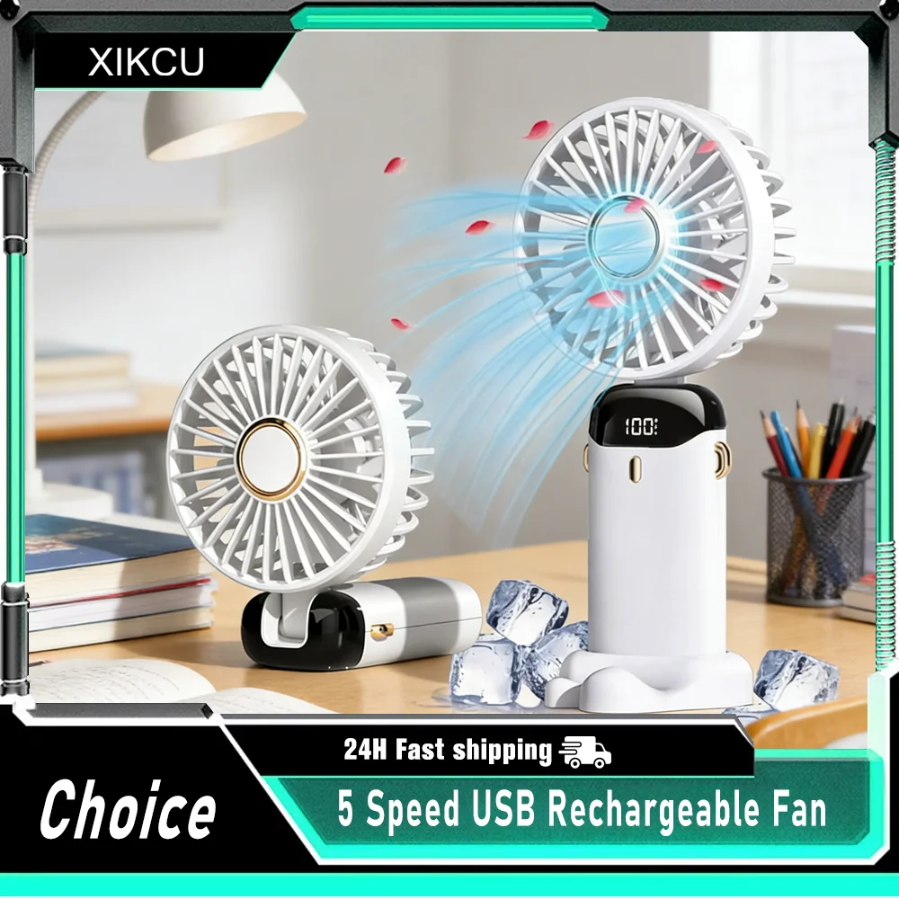 

Portable 5 Speed Mini Fan Handheld Foldable USB Rechargeable 1800mAh Neck Hanging Fan Desktop Phone Stand Display Screen