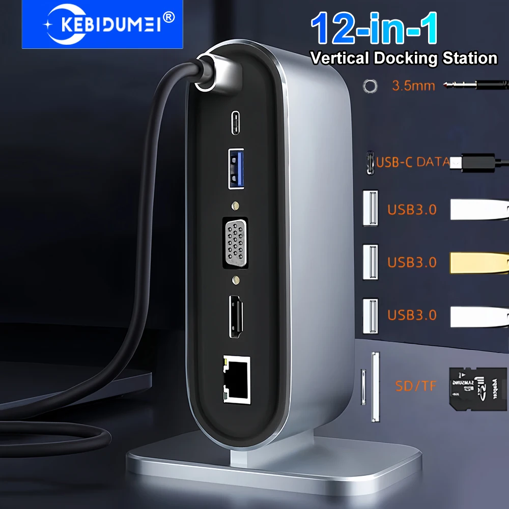 

12-in-1 Vertical Docking Station USB C Docking Station TYPE C HUB USB Splitter HDMI 4K/LAN 100M/USB3.0 5Gbps/VGA 1080P/PD100W