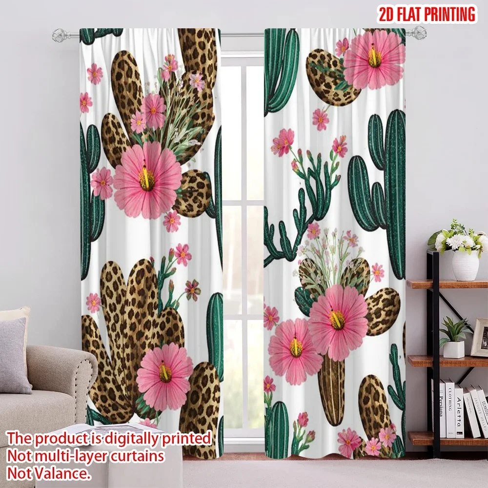2pcs Floral Cactus Curtains Tropical Pink Flower Print Window Curtains Boho Nature Design Pair for Living Room Decor