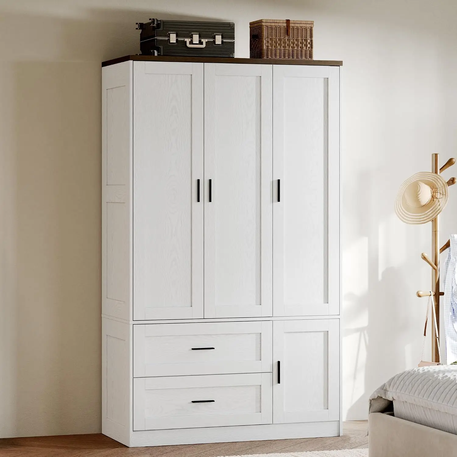 Modern Farmhouse Style / Hanging Rod,Adjustable Shelves / 2 Drawers,Concealed Storage,Soft-Close Hinges