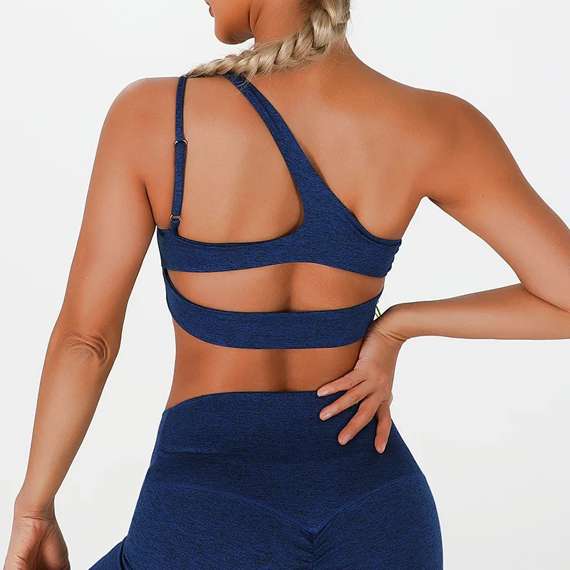 Solid Color One Shoulder Back Cross Adjustable Women Fitness Yoga Bra Top High Impact Comprehensive Training Jogging Chest Pad