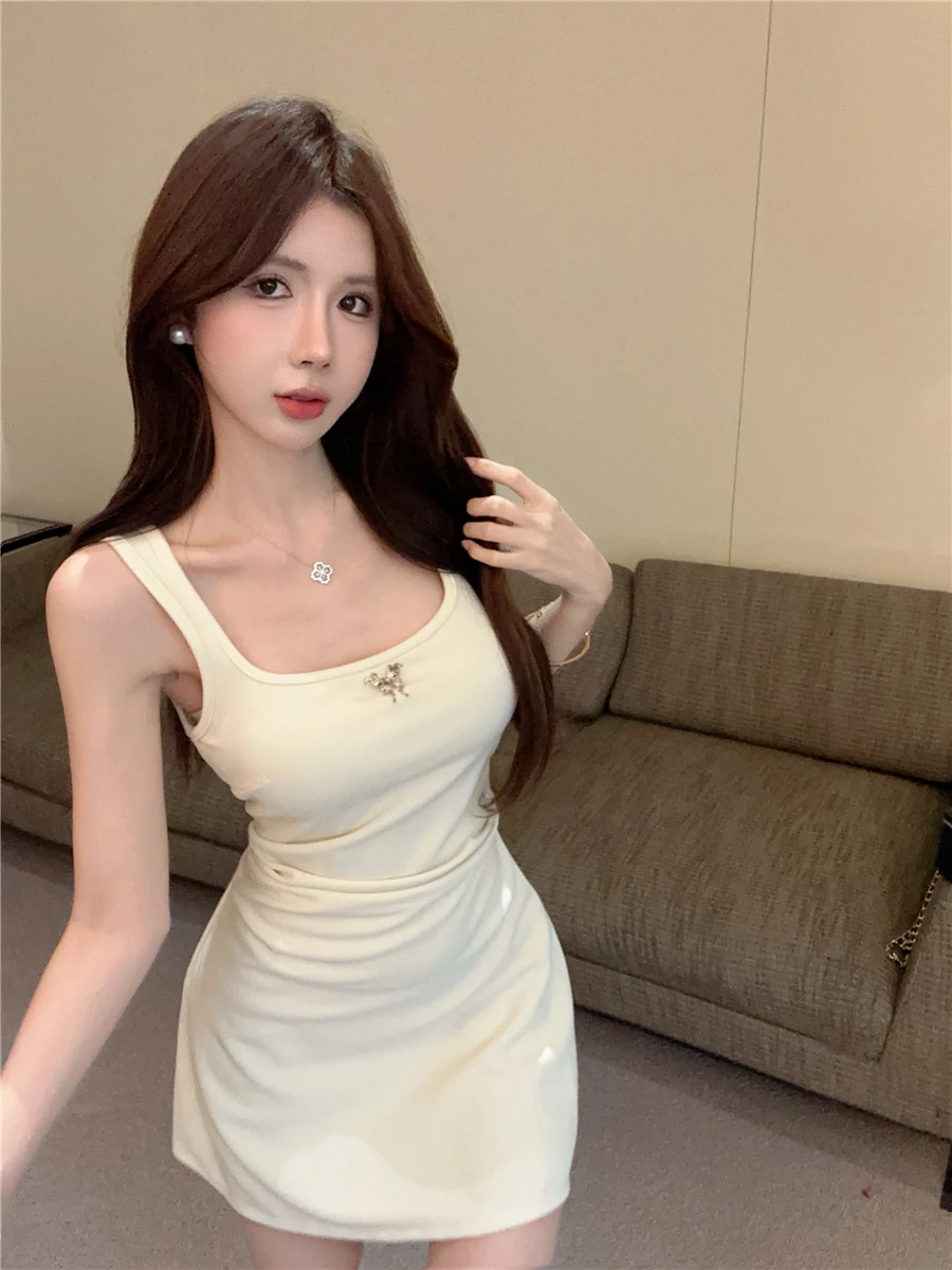 

Summer Slimming Elasticity Short Skirt Tank Top Women's High Waist A-Line Dress Korean Style Commute Pure Color Zipper Backless