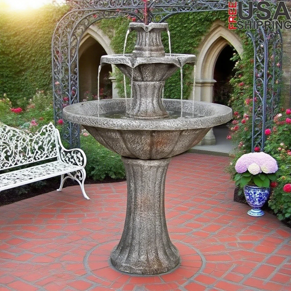 

2-Tier Outdoor Fashion Water Fountain Marble Finish Concrete Decoration 41.7" H Waterfall Suitable Backyard Garden