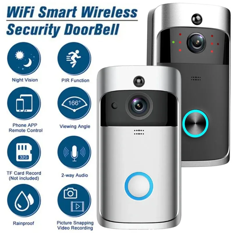 

V5 Беспроводная широкоугольная камера 166 градусов Дверной звонок с датчиком движения 720P HD с микрофоном с шумоподавлением Оборудование для домашней безопасности