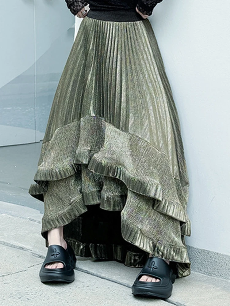 Yermora cintura alta elástica verde plissado babados elegante saia de meio corpo para mulheres solta moda maré srping verão 2025 novo