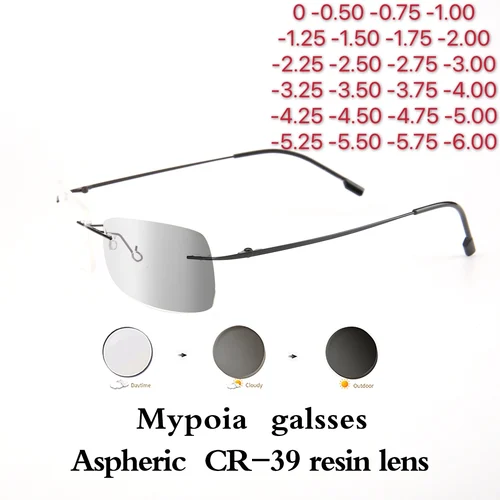 Imagen 1 del producto Gafas de sol fotocromáticas para miopía, anteojos ultraligeros sin marco para miopía, gafas ópticas terminadas, dioptrías de 0 a 6,00