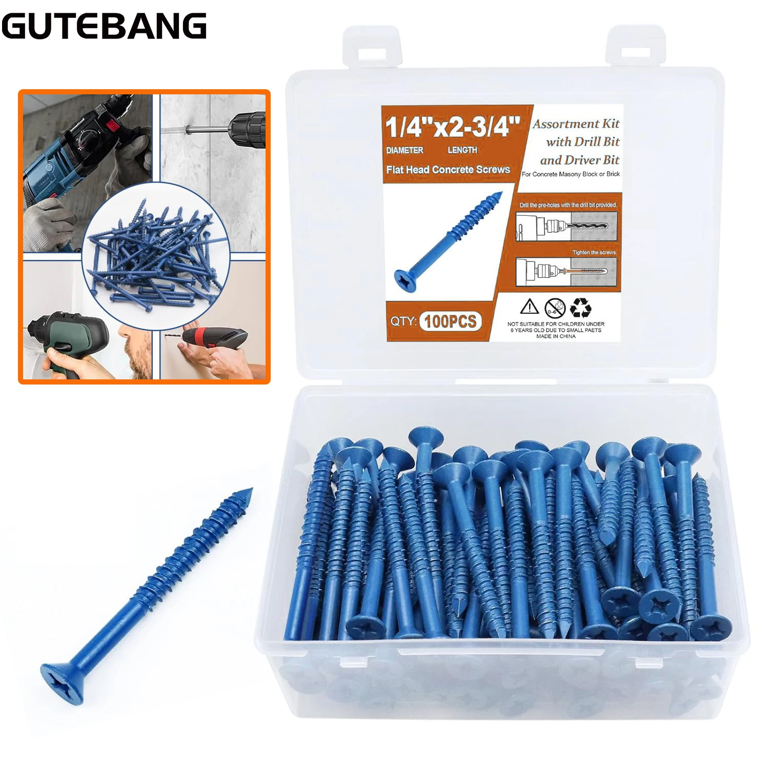 

100-Piece Concrete Screw Assortment Set, 1/4“ x 2-3/4” Masonry Screws, suitable for concrete, brick, or stucco