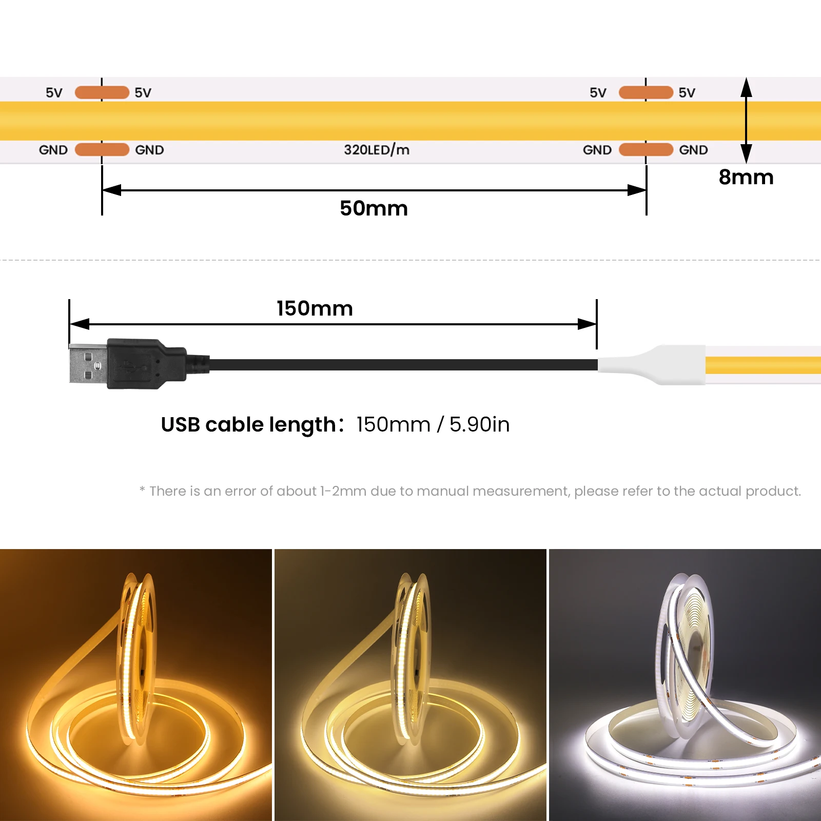 DC 5V USB COB LED Strip 8MM PCB High Density 320LEDs/m Linear Flexible COB LED Tape Red Blue Green Pink Yellow Warm White Light