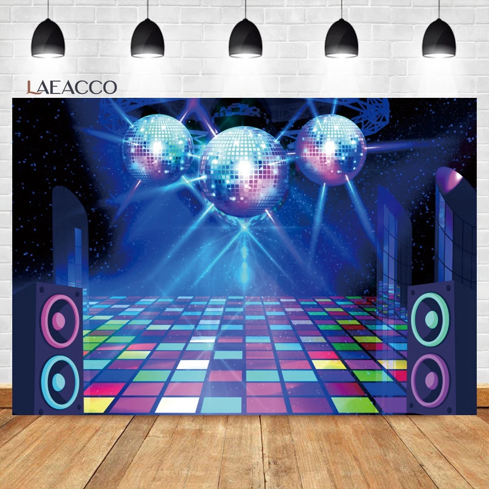 Laeacco Disco Party Backdrop Vintage 70s 80s 90s Disco Ball Stage Night Club Neon Music Birthday Portrait Photography Background
