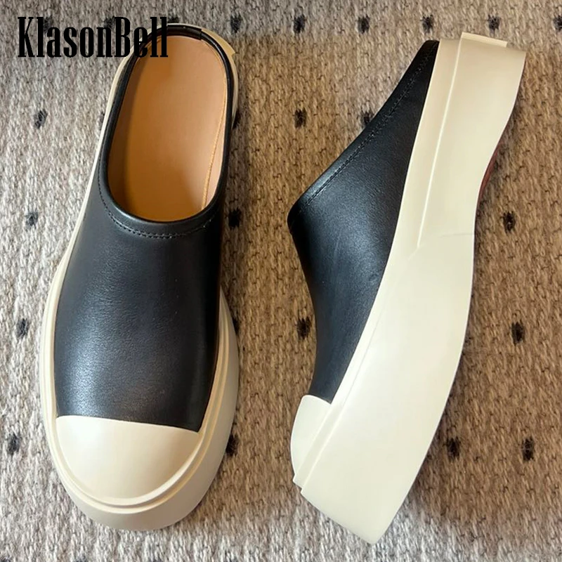 6.5 KlasonBell 2024 Summer New Thick Sole Outside Slippers Mules Shoes Genuine Leather Fashion Casual Slip-one Sandals Women