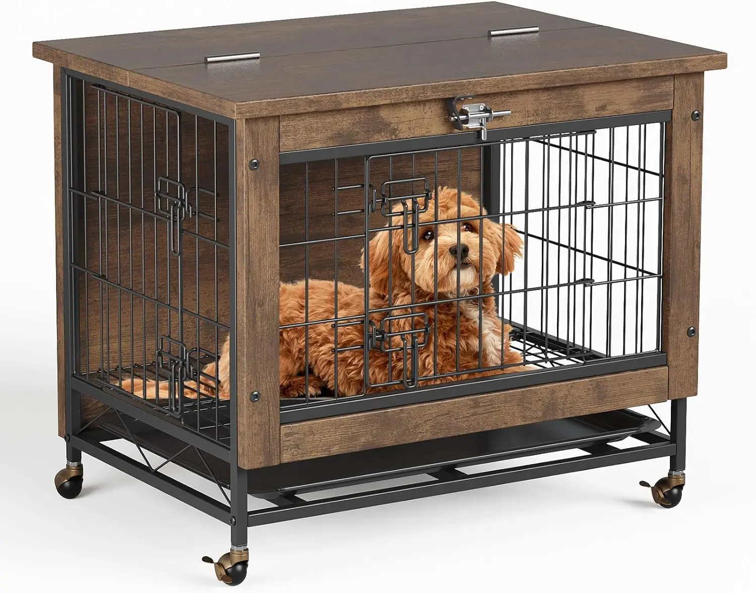 

26-дюймовый деревянный вольер для собак в деревенском стиле, коричневый, с колесами, двойными дверцами, устойчивый к разгрызанию, для использования в помещении как приставной столик