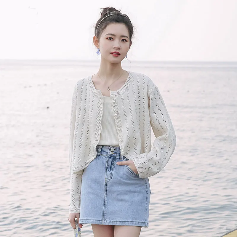 Cardigan Women Solid Hollow Out Simple Elegant Summer Thin Tender Кардиган Женский O-neck All-match Cozy Trendy Casual Chic Ins