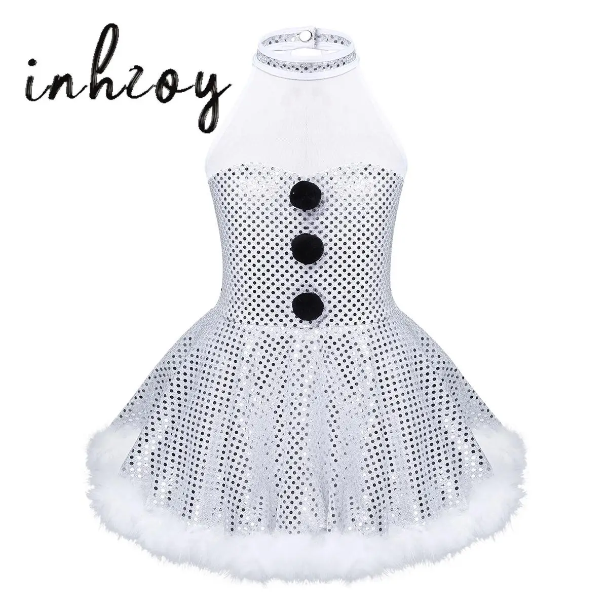 

Kids Girl Christmas Snowman Dancewear Sleeveless Shiny Sequin Figure Skating Leotard Dress Ballet Jazz Dance Performance Costume