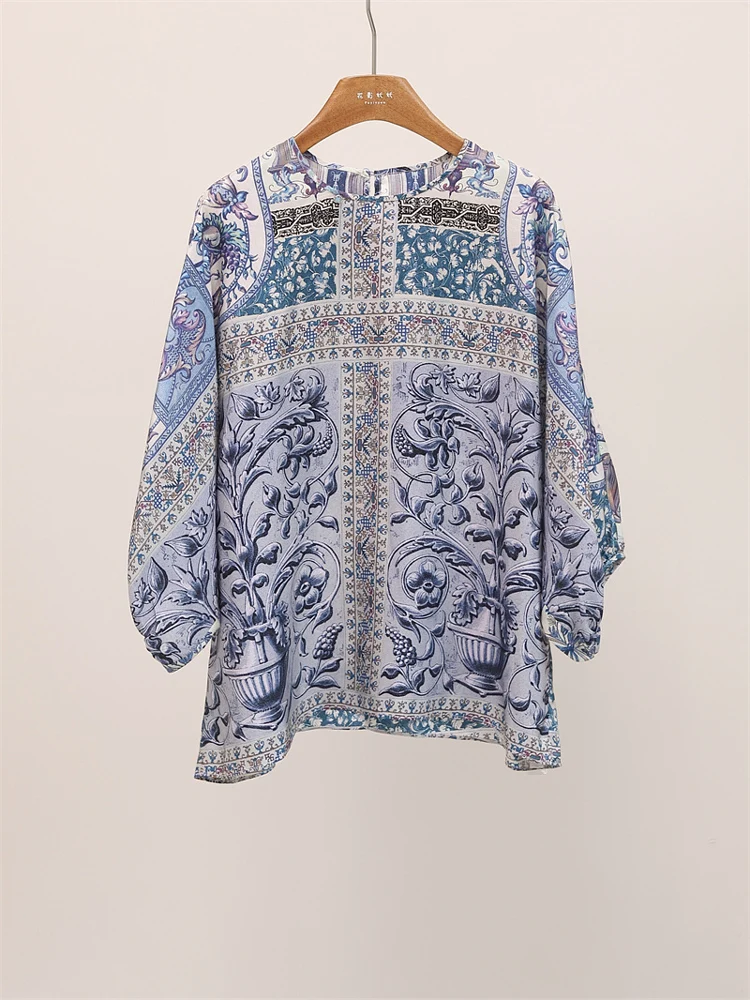 

Модная женская блузка в стиле ретро с цветными вставками, из китайского шелка, свободного кроя, с рукавами-фонариками, Fanyoo, Лето 2025