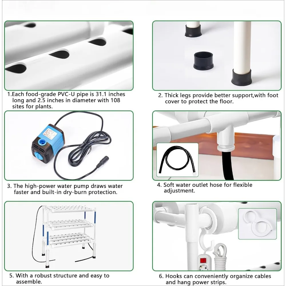 Hydroponic Planting System, Dark Gray PVC Pipes with Water Pumps, Timers, Baskets, and Sponges, Consisting of 108, 3-Layer
