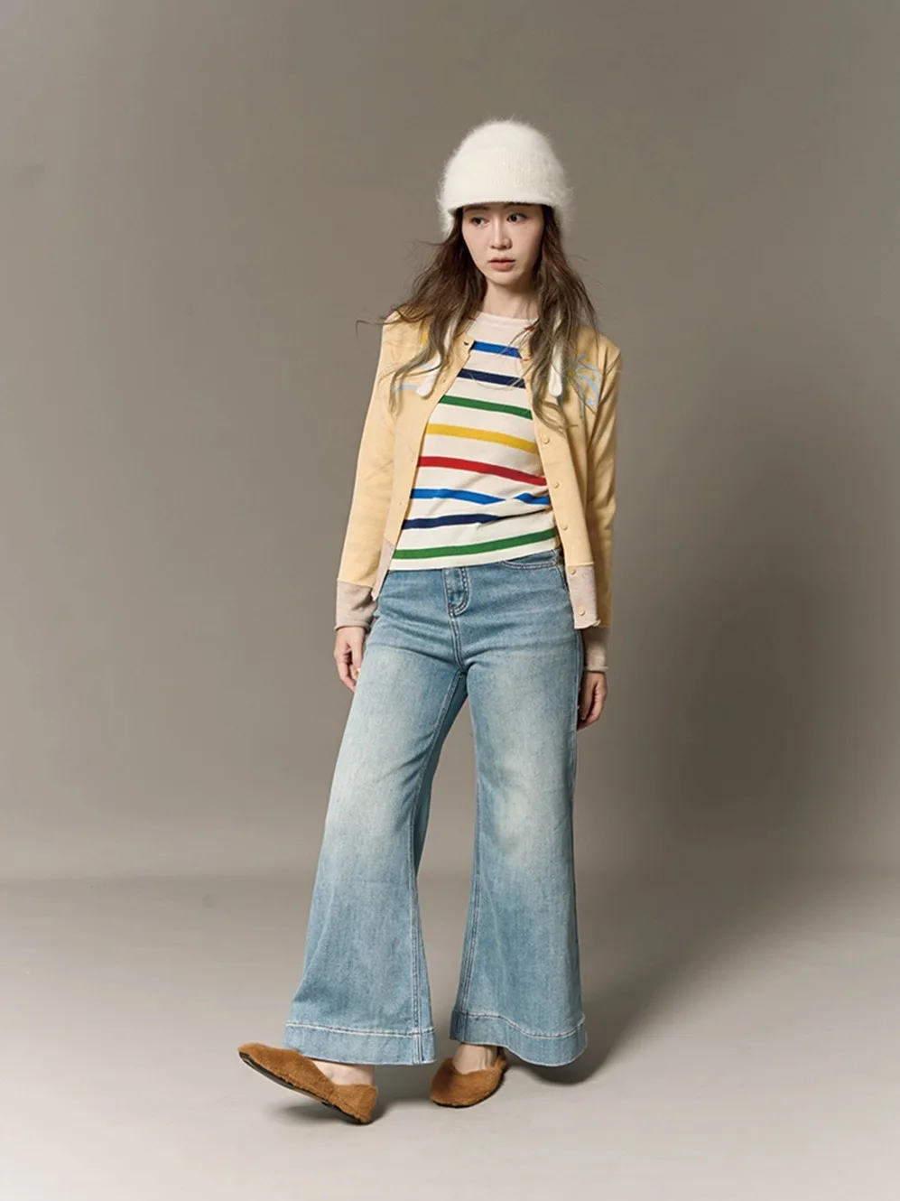 

Женские джинсы Morrieyuan с высокой талией, хлопковые, на флисовой подкладке, расклешенные, эластичные, французский стиль, осенне-зимние, джинсовые брюки