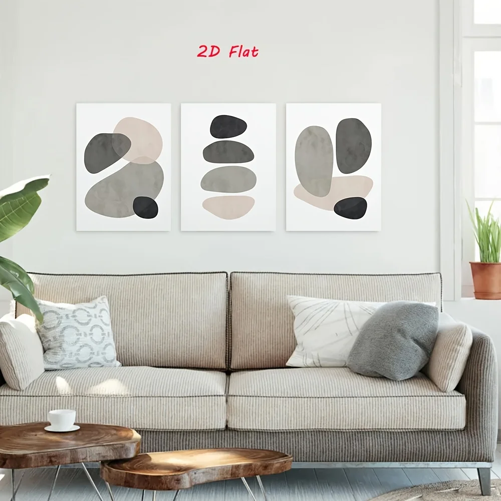（Noframe 3PCS)-2D Flat, Set of 3 Abstract Shape Neutral Beige Gray Wall Art Posters, Mid-Century Earth Tone Modern Art Painti