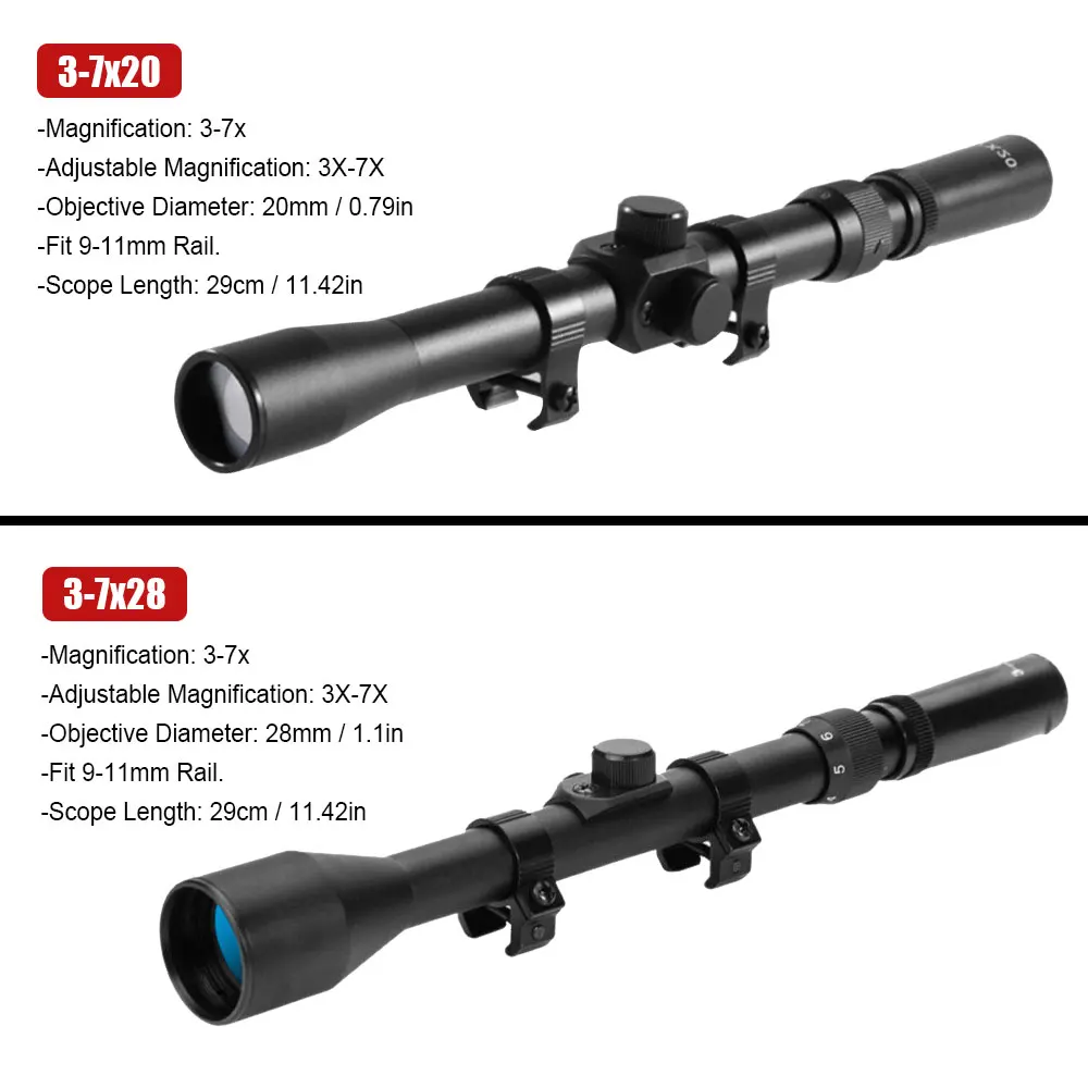 3-7X28/3-7X20 Hunting Riflescope Reflex Crosshair Telescopic Airsoft Optics Sight Fit 9mm-11mm Rail Gun Built Scope Mount