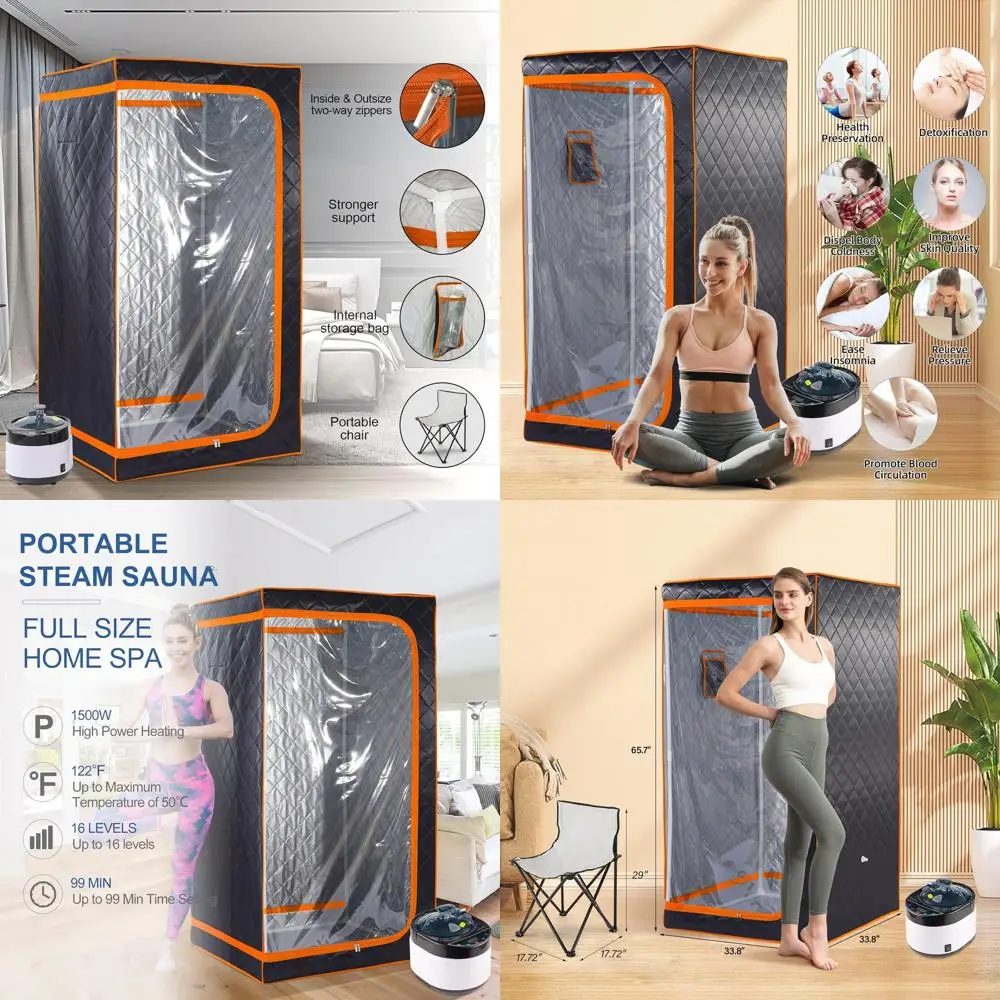 

Portable Steam Sauna for Home Use, 1500W, 4L Capacity, Remote Control, Timer, Adjustable Chair (L 33.8 x W 33.8 x H 65.7, Orange