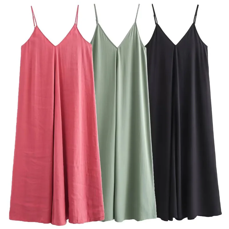 HXAO 2025 Womens Dresses Slip Long Dresses Elegant Green Red Black Dress V-Neck Sleeveless Backless Vestido Casual Women's Dress