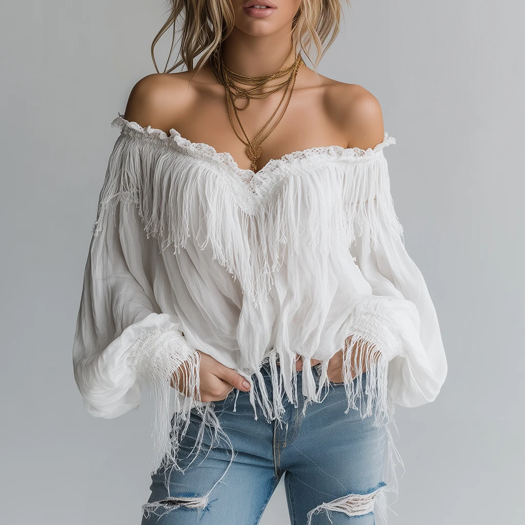 

Autumn Spring Women's Blouse Casual Fringe Off Shoulder Lantern Sleeve Blouse Solid Color Chic Bohemian Blouse Tops 2025