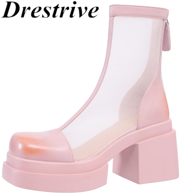 

Drestrive 2025 Handmade Women's Ankle Boots Thick High Heels Cow Leather Mesh Zipper Summer Shoes Platform Top Quality