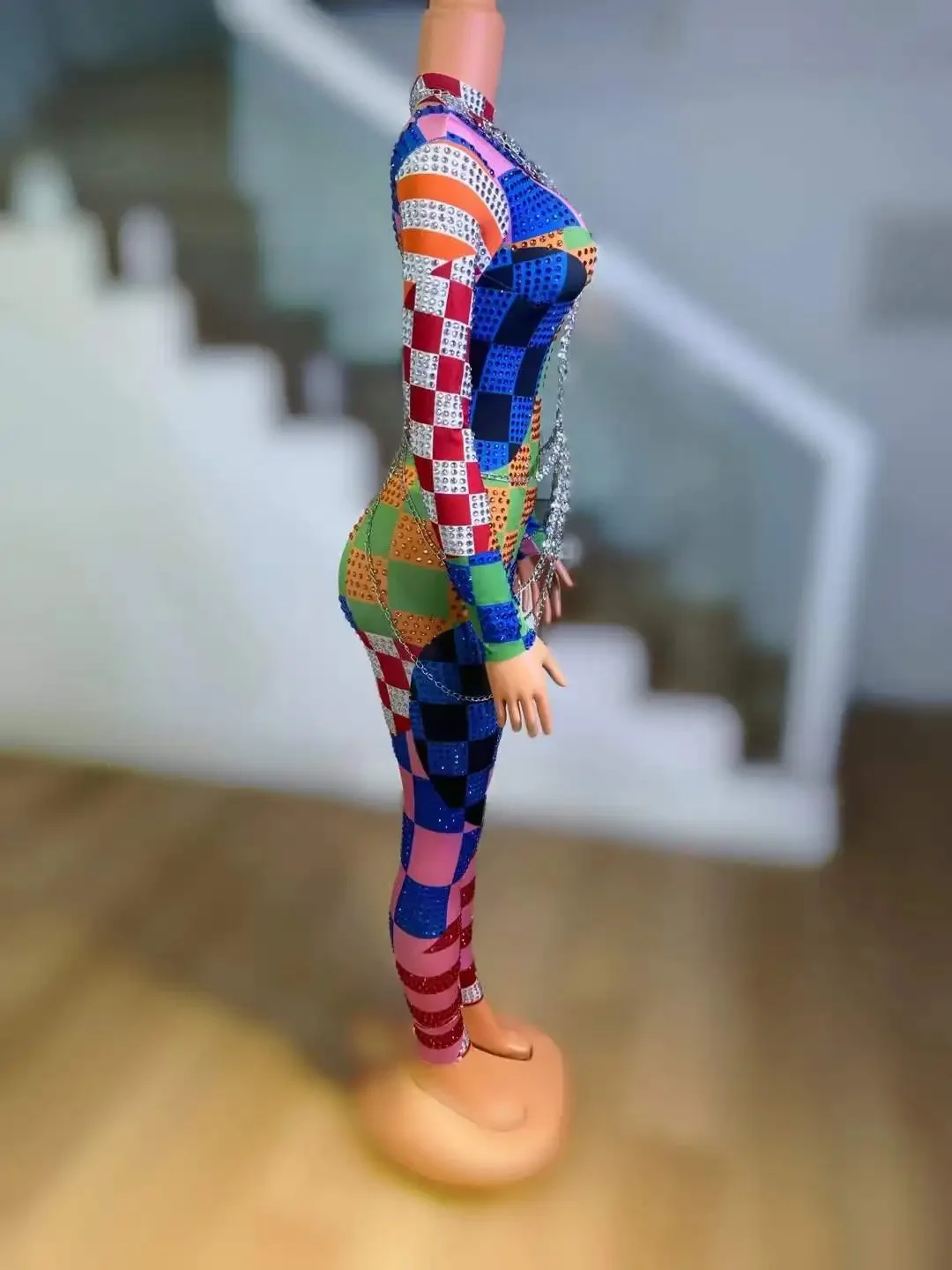 حجر الراين الملونة جوكر زي حللا للنساء تمتد Groop الرقص المغني المرحلة ارتداء هالوين ليلة كلوبوير DJ DS Gogo