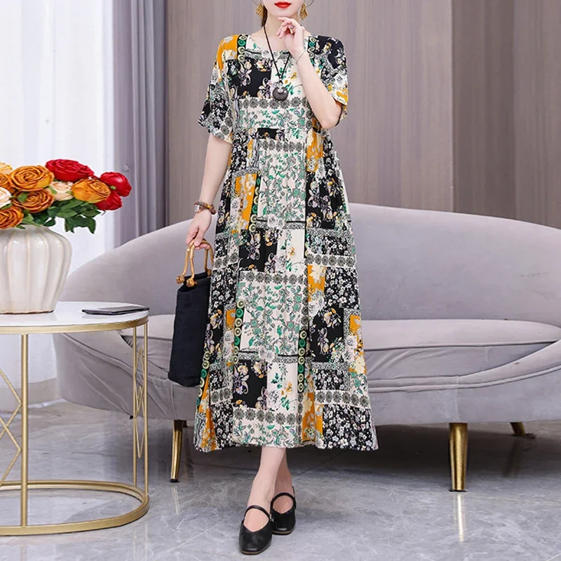 

New Dress Women's Summer Sundress 2024 Casual Short Sleeve Dress Vestidos Female O-Neck Robe Oversized Bohemian Dresses J111