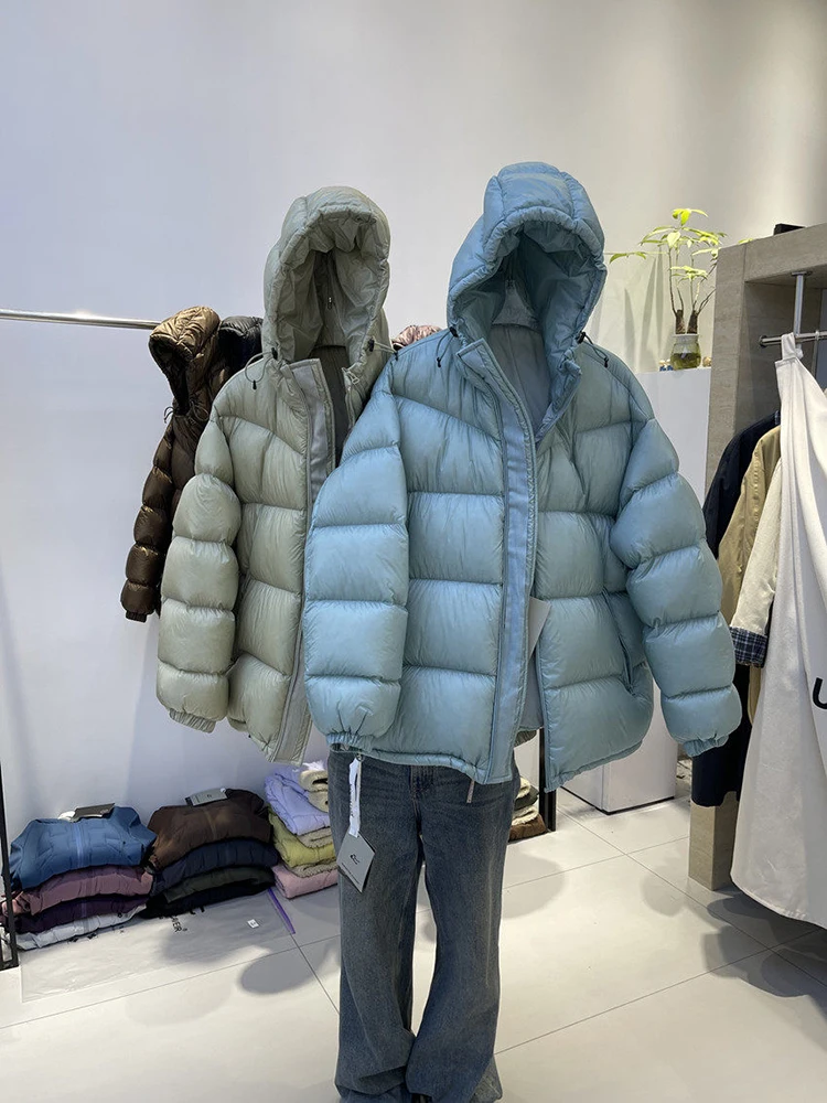 

90: белый утиный пуховик, женская корейская версия, толстое свободное хлебное повседневное простое модное однотонное пальто с капюшоном