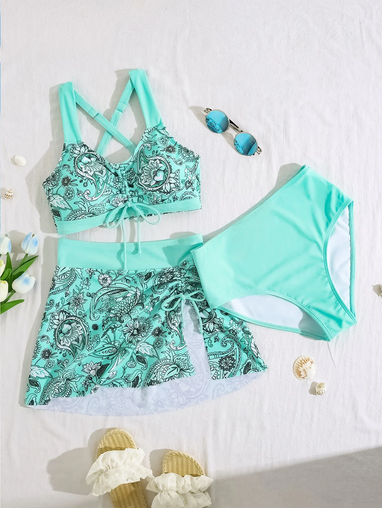 Vintage floral impressão tankini conjunto feminino frente saia plissada 3 peça maiô 2025 maiô de cintura alta tamanho grande xxxl