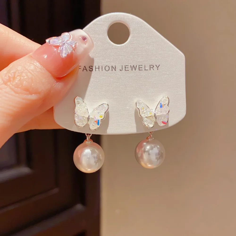 Two Ways of Wearing 925 Needle Pearl Crystal Butterfly Stud Earrings For Women Party Exquisite Light Luxury Fashion Jewelry