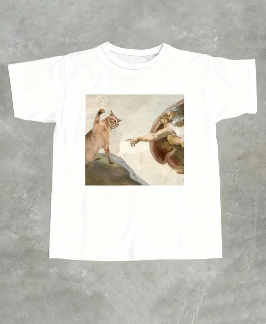 تي شيرت نسائي جديد لعام 2025 بتصميم رسم زيتي إبداعي على شكل قطة إنترنت مضحكة برسومات ميمي مطبوعة برقبة دائرية