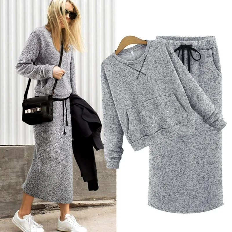 Female Autumn Winter Two Piece Set Pockets Pullover + Long Skirts Matching Sets Women Casual Tracksuit Outfits Lounge Wear